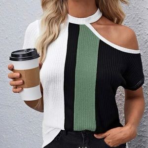 SHEIN Off-the-Shoulder Sweater - Black, White, Green